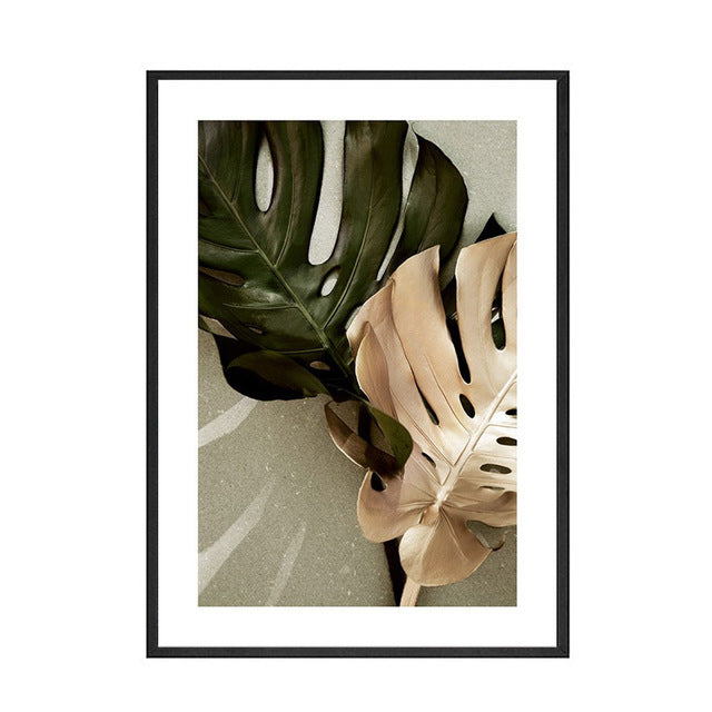 Green And Gold Monstera Leaves Nature Posters