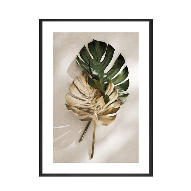 Green And Gold Monstera Leaves Nature Posters