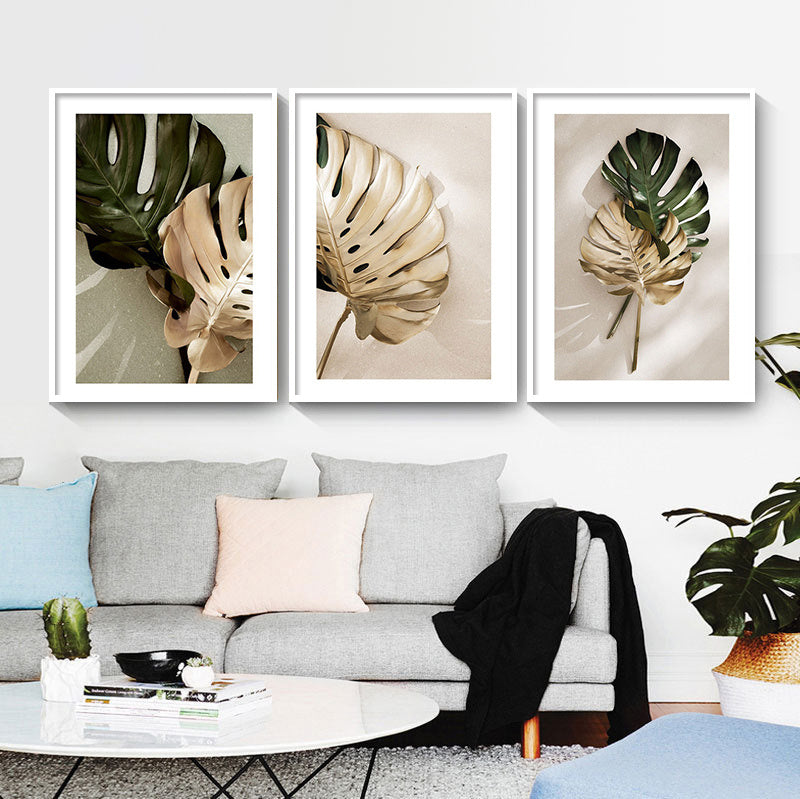Green And Gold Monstera Leaves Nature Posters